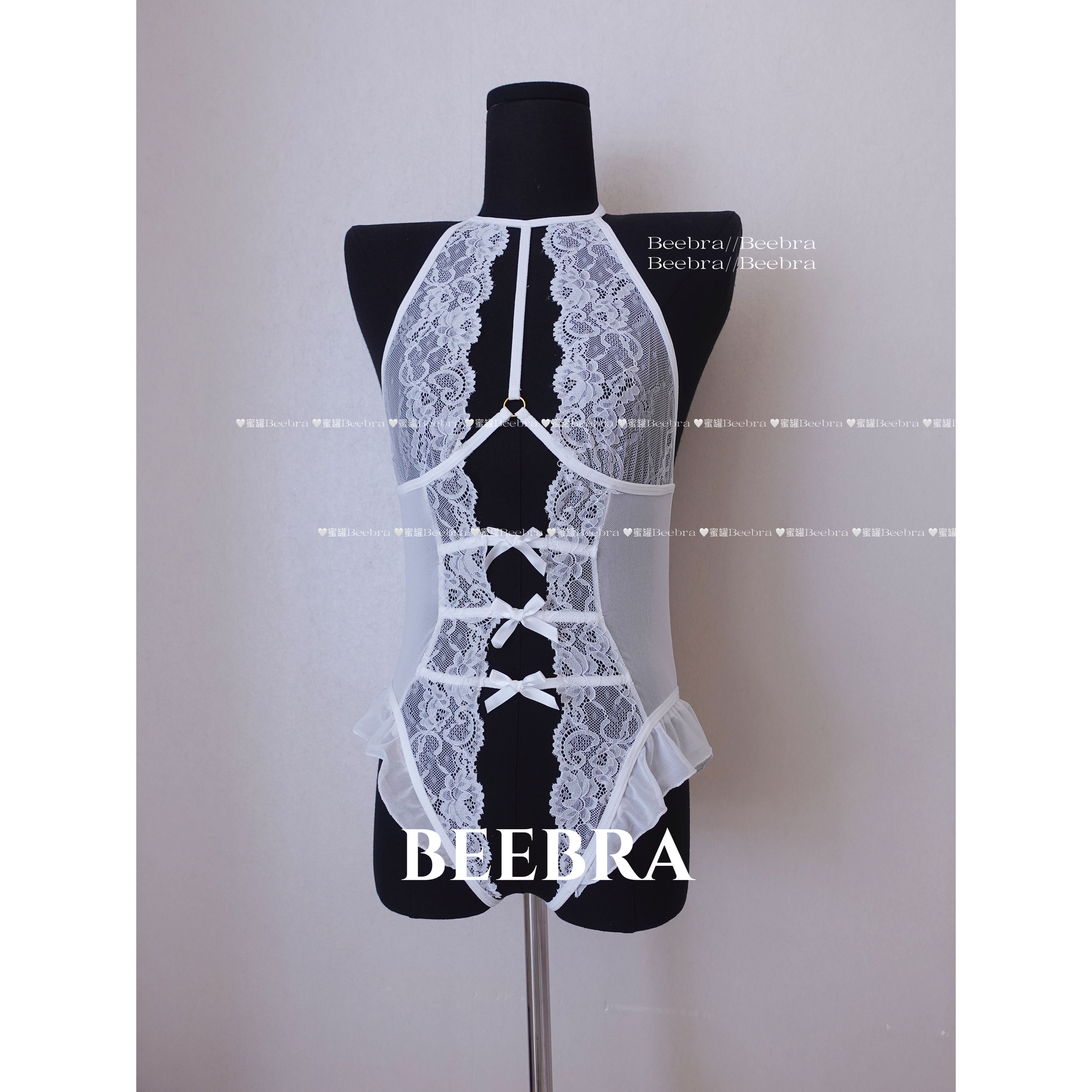 蜜罐Beebra//欲言又止*高级蕾丝深v挂脖绑带镂空连体内衣超绝美!!