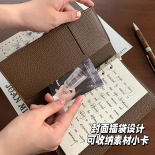 文艺咖啡A6Slim_15mm环绑带活页本手账本荔枝纹软面pu便携本子