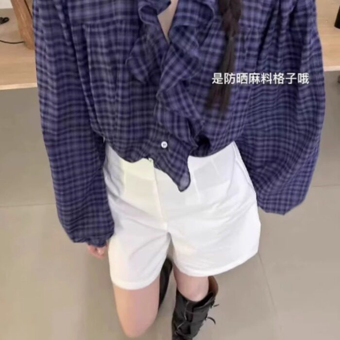 韩国2025春夏款设计感荷叶边V领泡泡棉格纹防晒衬衣衬衫女