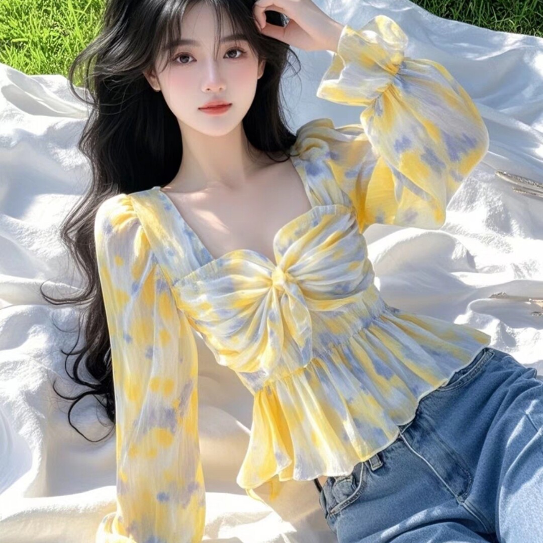 衬衣女2025春新款爆款高级感轻奢减龄洋气超好看黄色印花雪纺衬衫