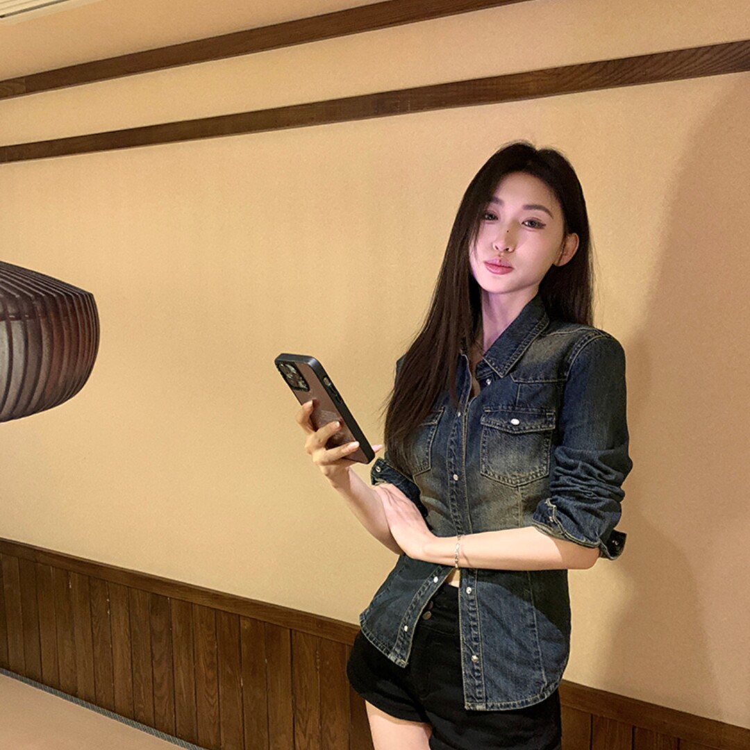 复古蓝修身牛仔外套做旧衬衫