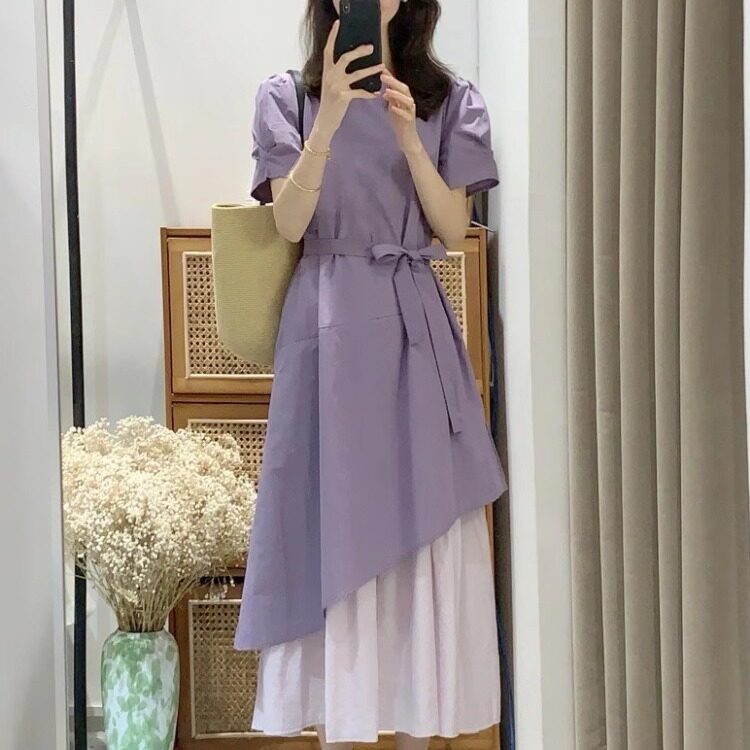 夏日绝美小裙子独特漂亮气质高级感收腰显瘦大码紫色假两件连衣裙
