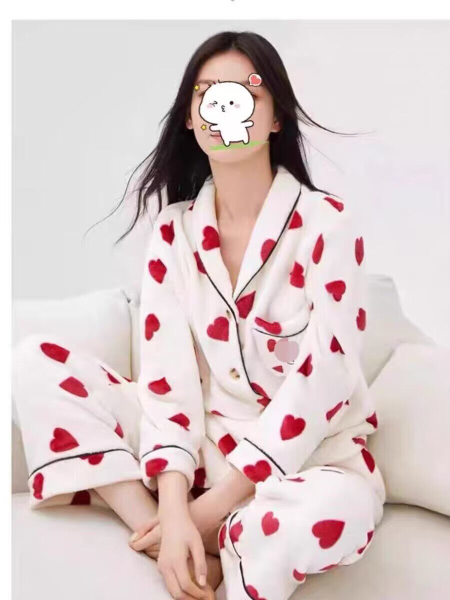 恋维密睡衣爱心法兰绒冬季女士珊瑚绒加厚保暖家居服套装柔软舒适