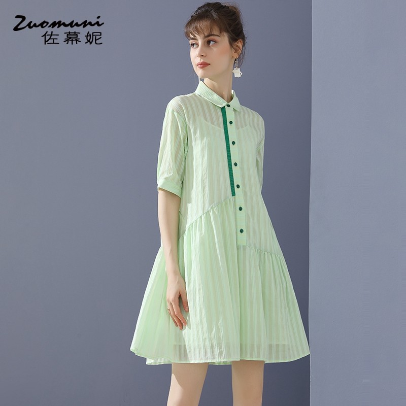 佐幕妮宽松果绿色衬衫连衣裙女2020年新款中长款夏季POLO领11658