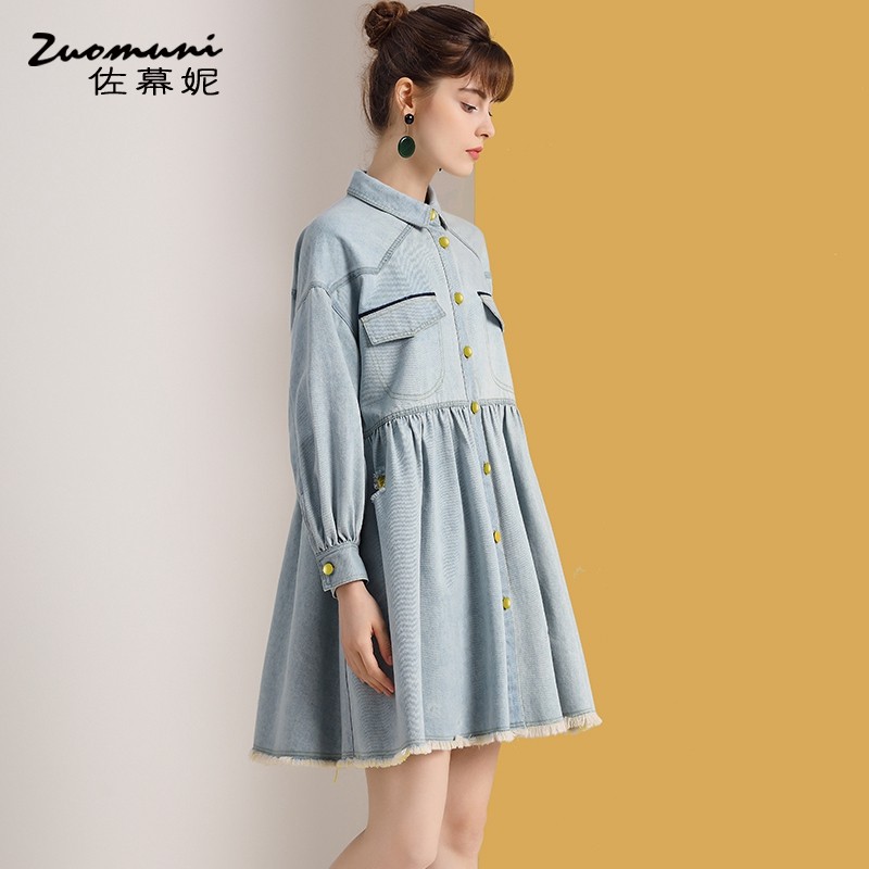 佐幕妮蓝色宽松polo衬衫连衣裙女2020新款秋装牛仔轻奢短裙12171