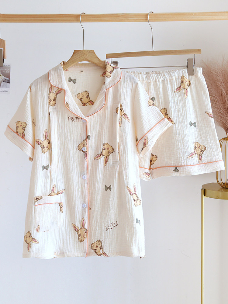 여름 수유 잠옷 하복 감금복 임산부 투피스 세트 얇은 여름 반팔 반바지 임신면 거즈