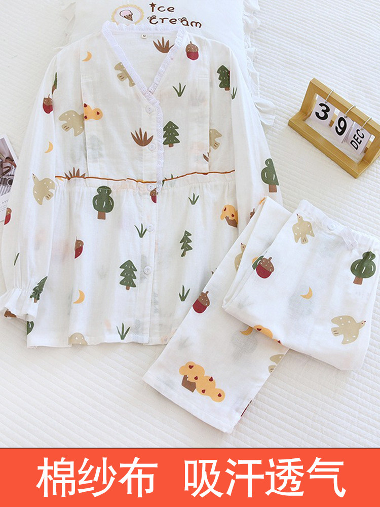 여름 수감복 봄 가을 여름 순면 거즈 출산 잠옷 얇은 단면 산후 대형 200파운드 9월 10일