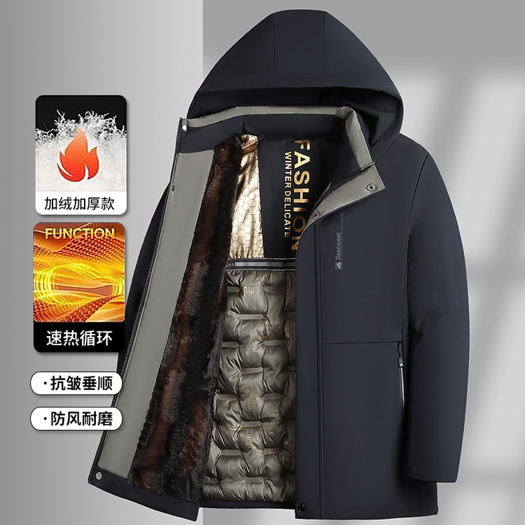 冬季男士可脱卸帽中长款保暖棉衣中老年休闲连帽加绒加厚棉服外套