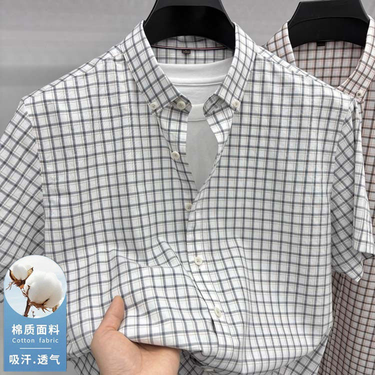 夏季男士棉麻短袖衬衫中青年翻领衬衫