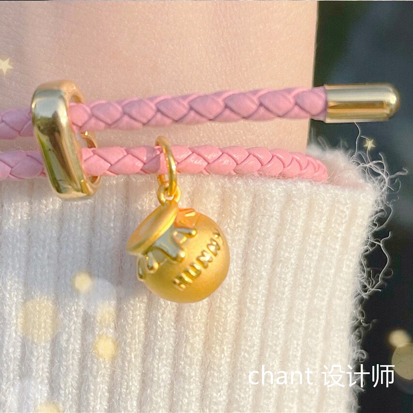 纯银镀黄金色 小蜜罐项链女维尼熊锁骨链粉色 小熊手链皮绳转运珠
