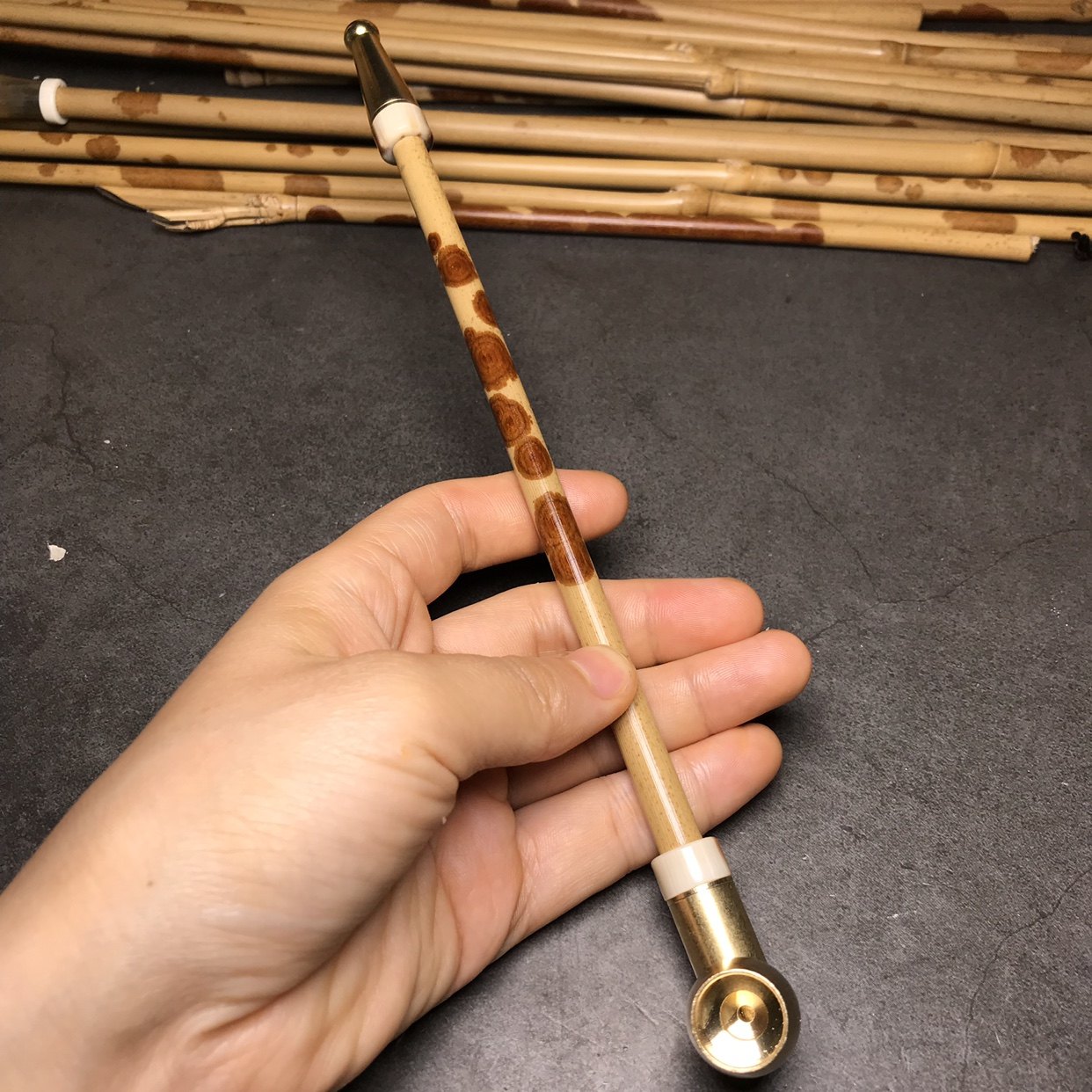 精品红湘妃烟袋锅镶嵌花牛角 福建红香妃竹子烟杆老式烟袋锅烟具