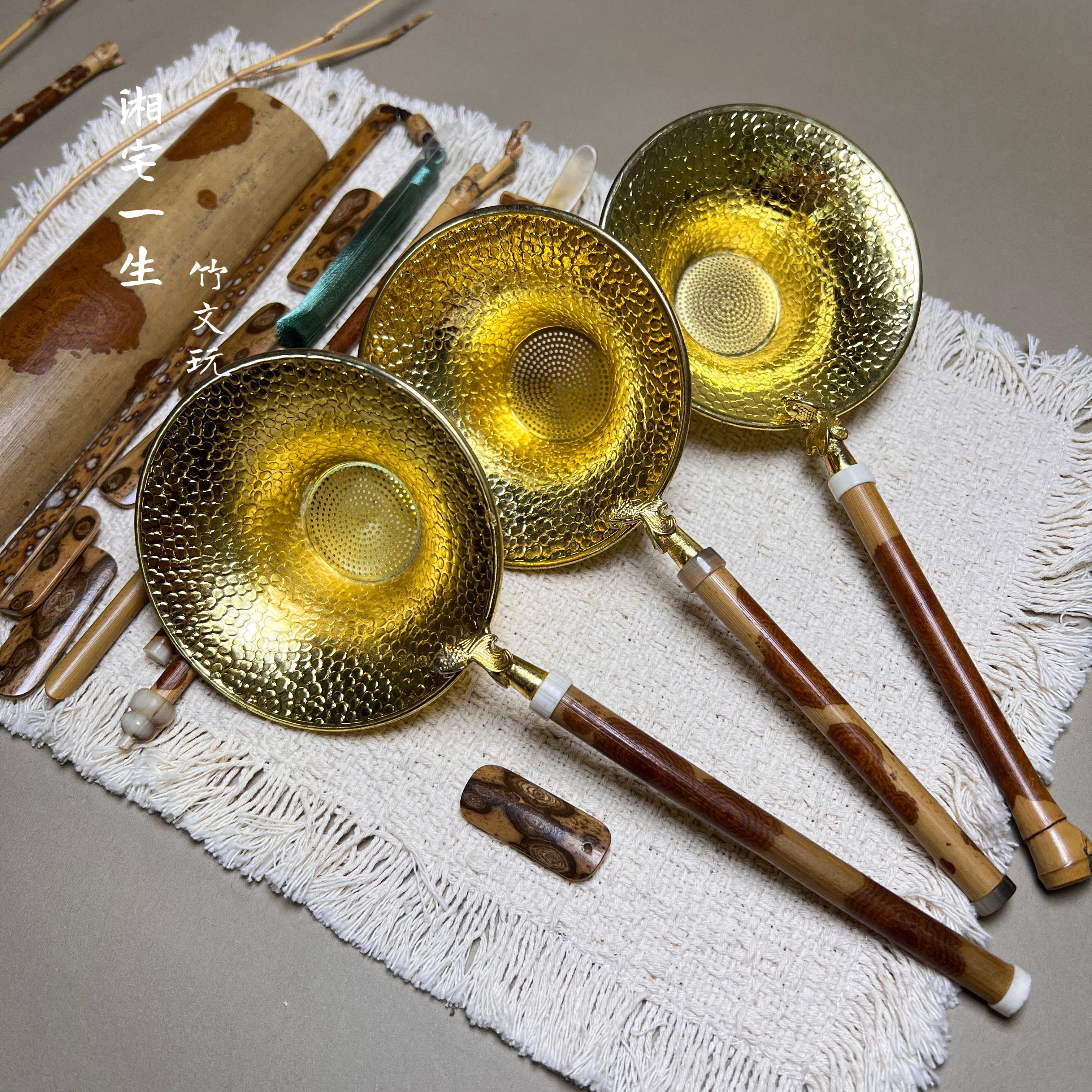 湘宅一生手工红湘妃竹子纯铜茶漏日式茶叶过滤网茶具竹子纯铜茶滤