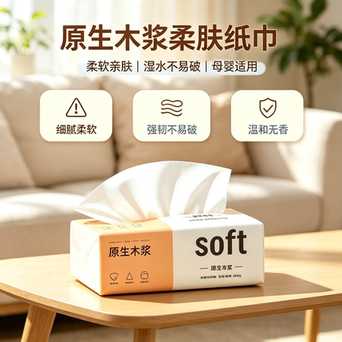 绵软亲肤面巾纸吸水表现均衡拉扯不易破损室内各类清洁场景通用纸