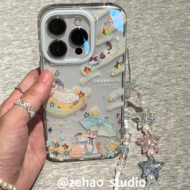 ZEHAO*ins透明梦幻流星小猫双层印花韩系14适用iphone16promax苹果16pro手机壳苹果16/13软15Promax保护套1女