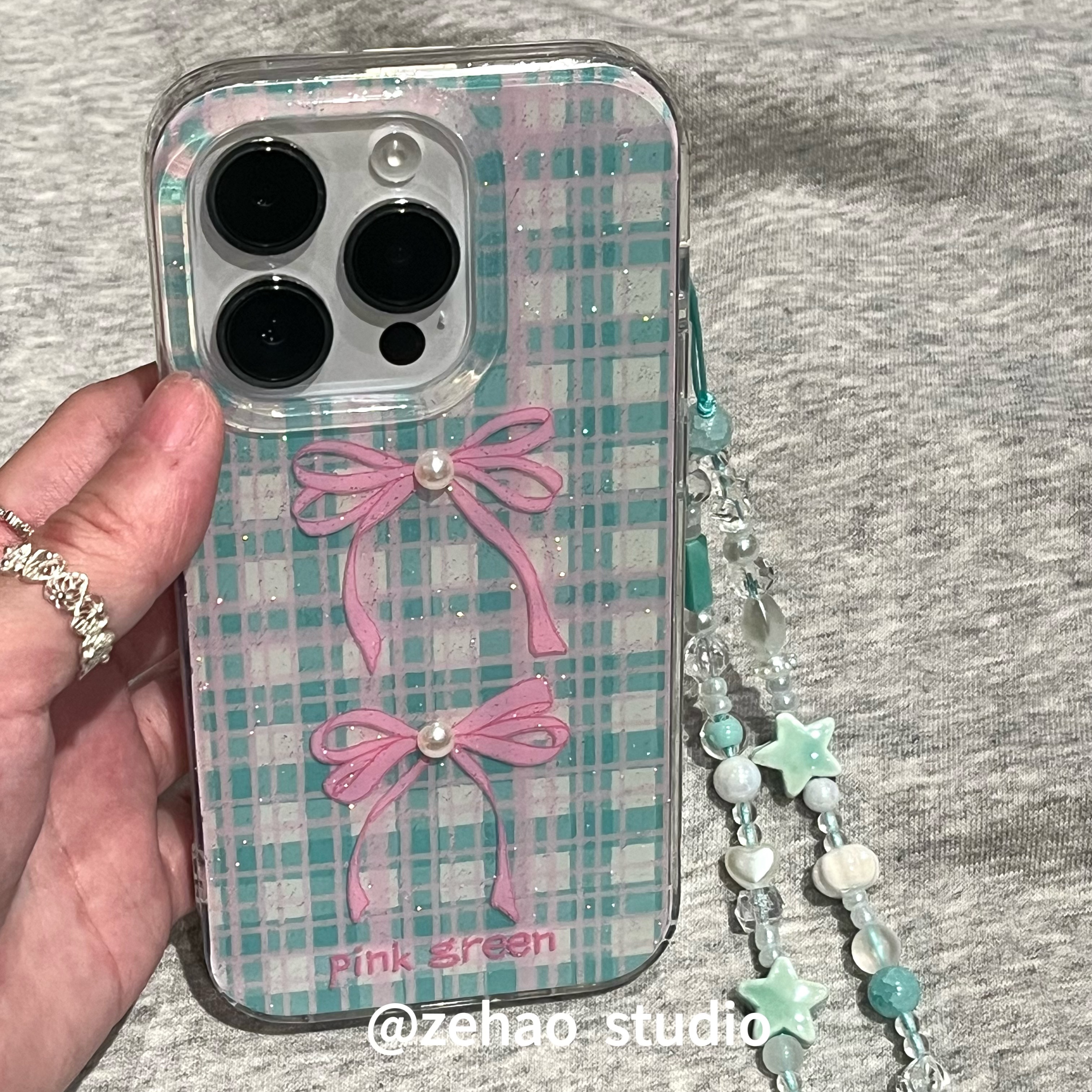 ins绿小格立体珍珠蝴蝶结手机壳