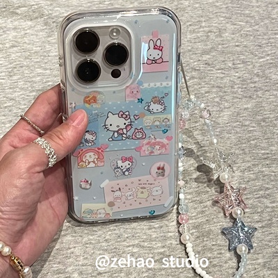 ZEHAO*奶蓝底打电话的kitty双层印花韩系14适用iphone16promax苹果16pro手机壳苹果16/13软15Promax保护套1女