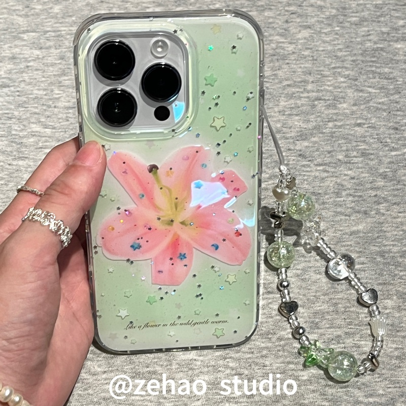 ZEHAO*ins细闪绿星百合花清新双层印花韩系14适用iphone16promax苹果16pro手机壳苹果16/13软15Promax保护套1
