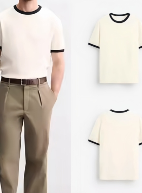 柜169！夏新品男装圆领撞色凸纹修身圆领短袖T恤简约百搭0761412