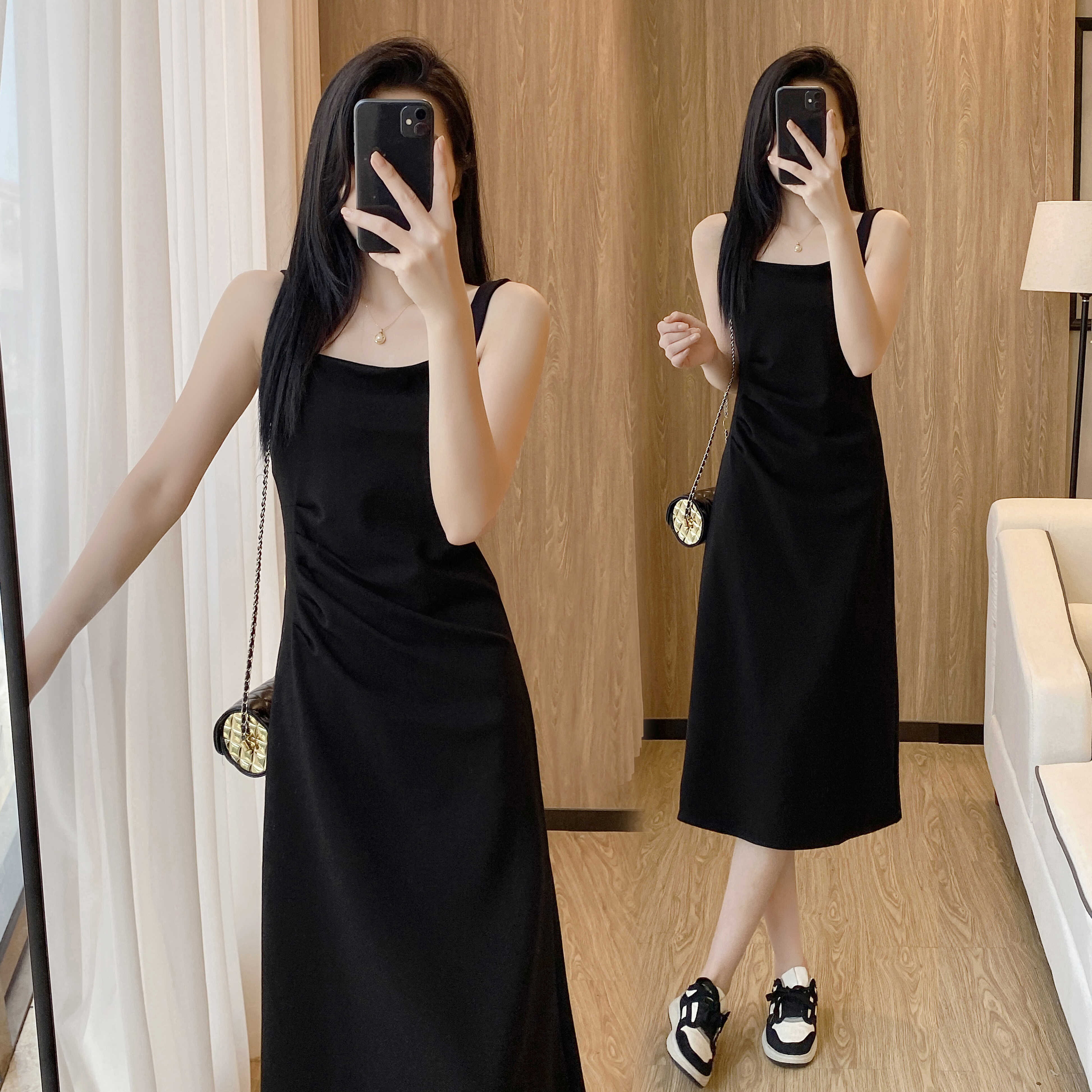 夏季法式褶皱吊带洋装女