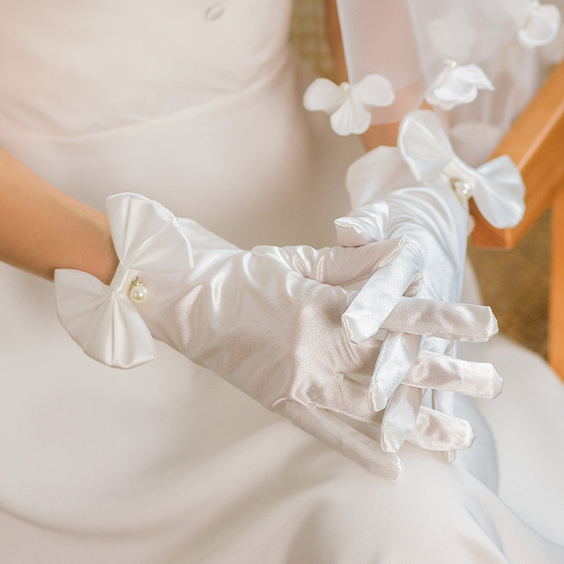 신부 메쉬 진주 활 장갑 달콤한 신부 새틴 레이스 소프트 웨딩 베일 웨딩 신부 들러리 복고풍