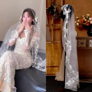 新款蝴蝶结唯美波浪边手工纱花仙气新娘头纱齐地婚礼白纱旅拍配饰
