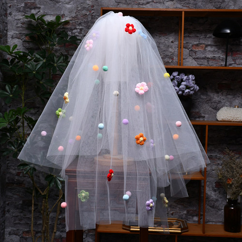 沫朵薇彩色球球多巴胺毛线花头纱