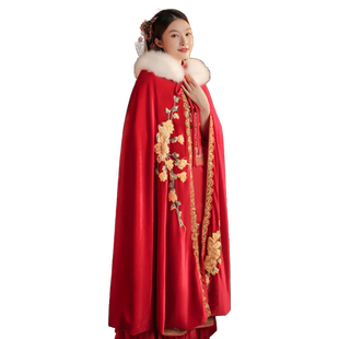 冬季连帽长款加厚汉服红色披肩女新娘中国风古装白色斗篷披风外套