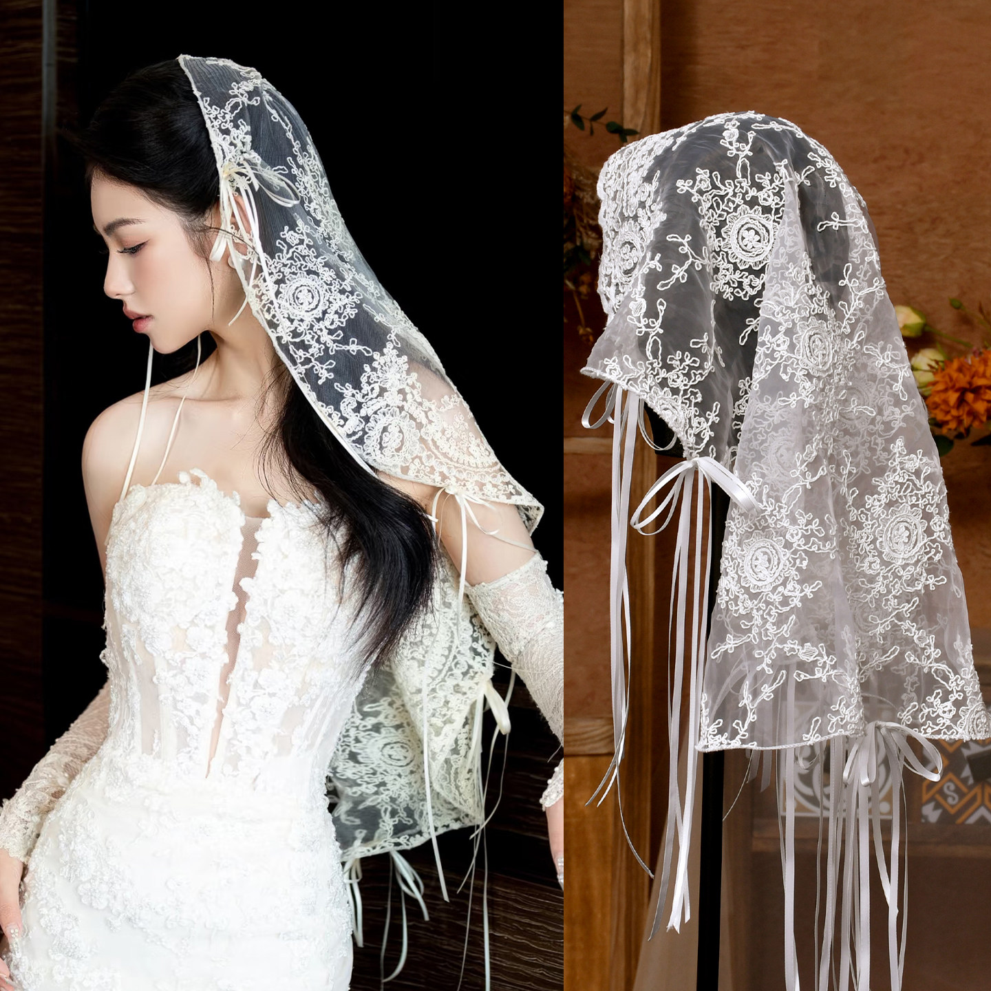法式欧根纱蕾丝刺绣短头纱新娘结婚复古发饰婚纱礼服旅拍写真饰品