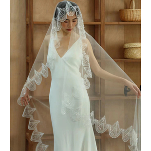 新娘唯美主婚头纱亮片珠绣高级感轻奢长款一片式头纱婚礼结婚头纱