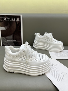 欧货真皮厚底小白鞋女2026新款透气镂空百搭增高休闲运动松糕板鞋