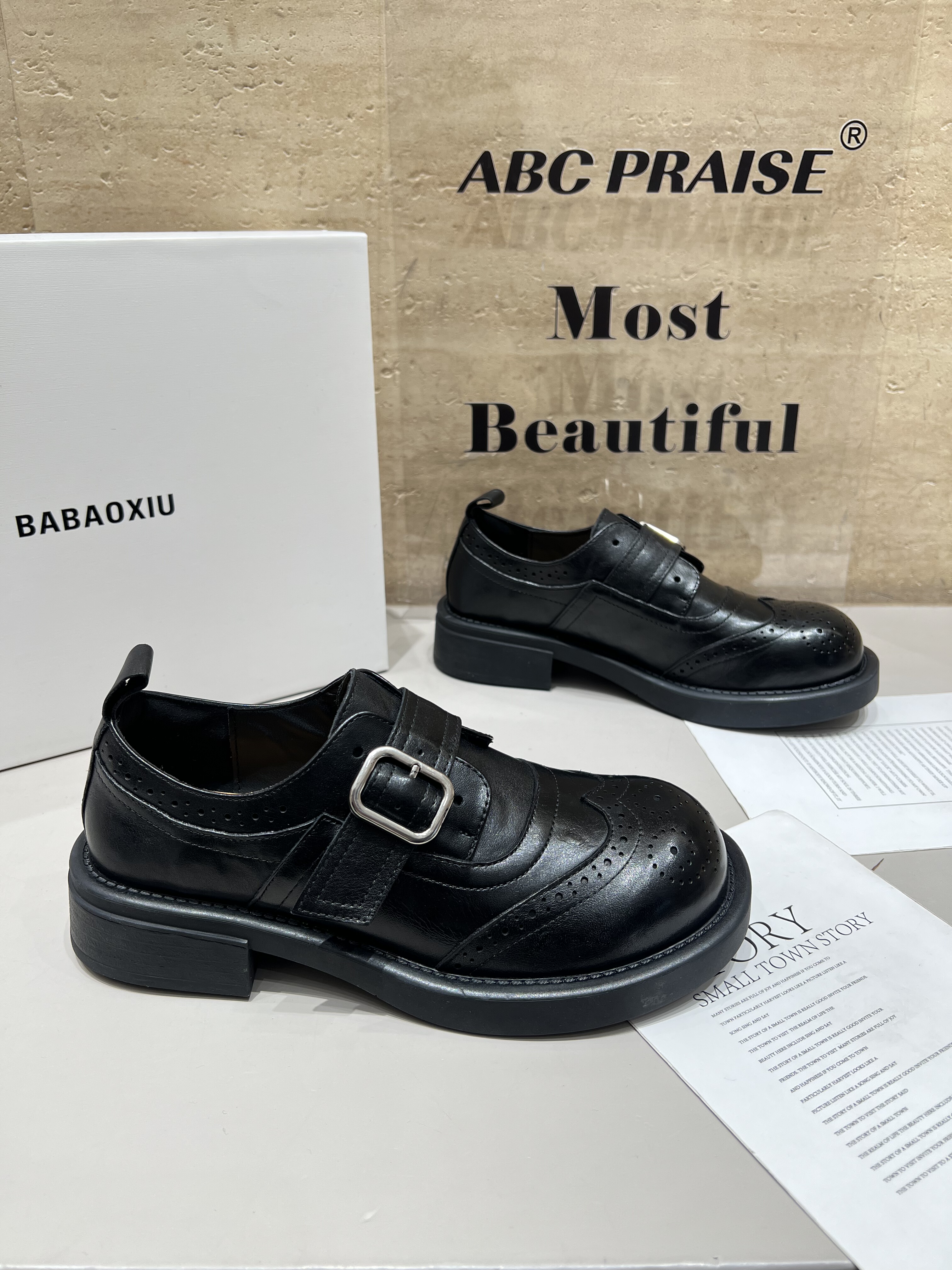 巴宝秀真皮厚底布洛克小皮鞋女2026春季复古百搭皮带扣休闲乐福鞋,女鞋,乐福鞋（豆豆鞋）,淘宝优惠券,粉丝福利购,淘宝优惠卷