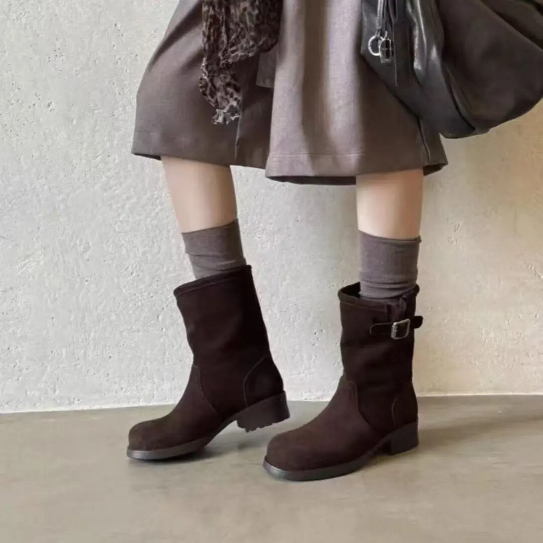 复古西部时装靴女秋冬靴子头层牛时装靴