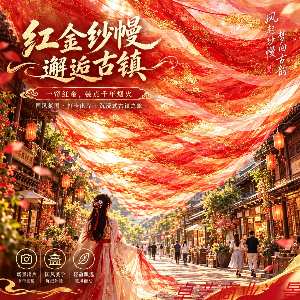 新年元旦国风风动印花纱幔天幕