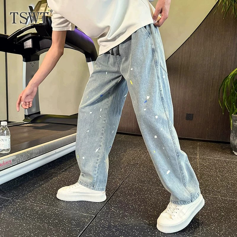 高端新款休闲牛仔直筒裤男士秋冬潮牌涂鸦印花系绳宽松阔腿长裤子