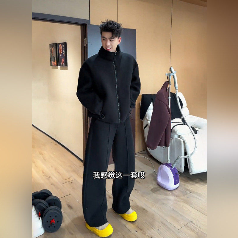 潮牌双面摇粒绒休闲运动套装男秋冬高级感立领外套保暖裤子一整套