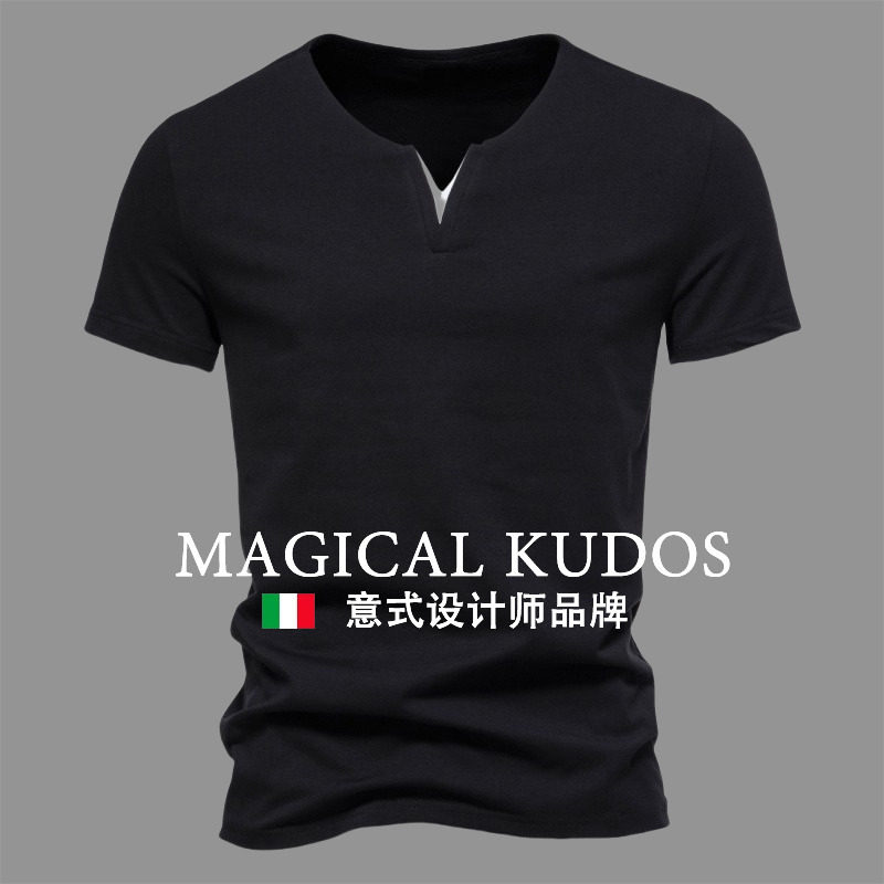 MAGICAL KUDOS纯棉弹力V领短袖T恤春季青年时尚潮流打底衫修身t恤