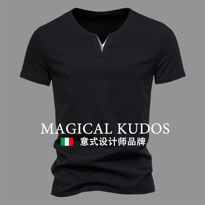 MAGICAL KUDOS纯棉弹力V领短袖T恤春季青年时尚潮流打底衫修身t恤