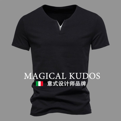 MAGICAL KUDOS纯棉弹力V领短袖T恤春季青年时尚潮流打底衫修身t恤