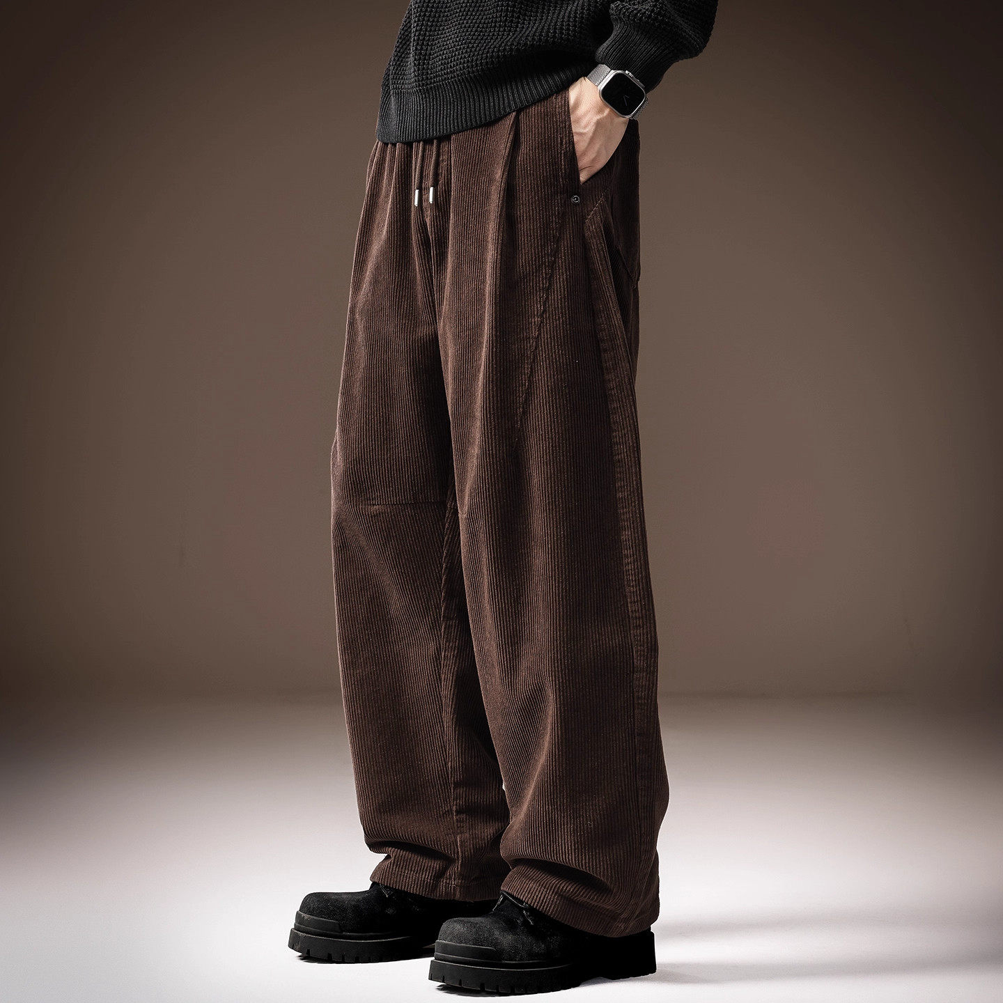 法国进口品牌重磅灯芯绒直筒休闲裤男冬季宽松阔腿慵懒风弯刀长裤