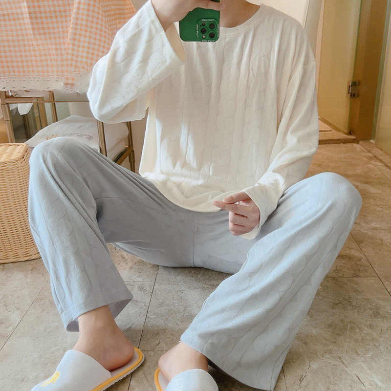维多利亞纯棉睡衣男士秋季长袖长裤白色加肥加大码休闲家居服套装