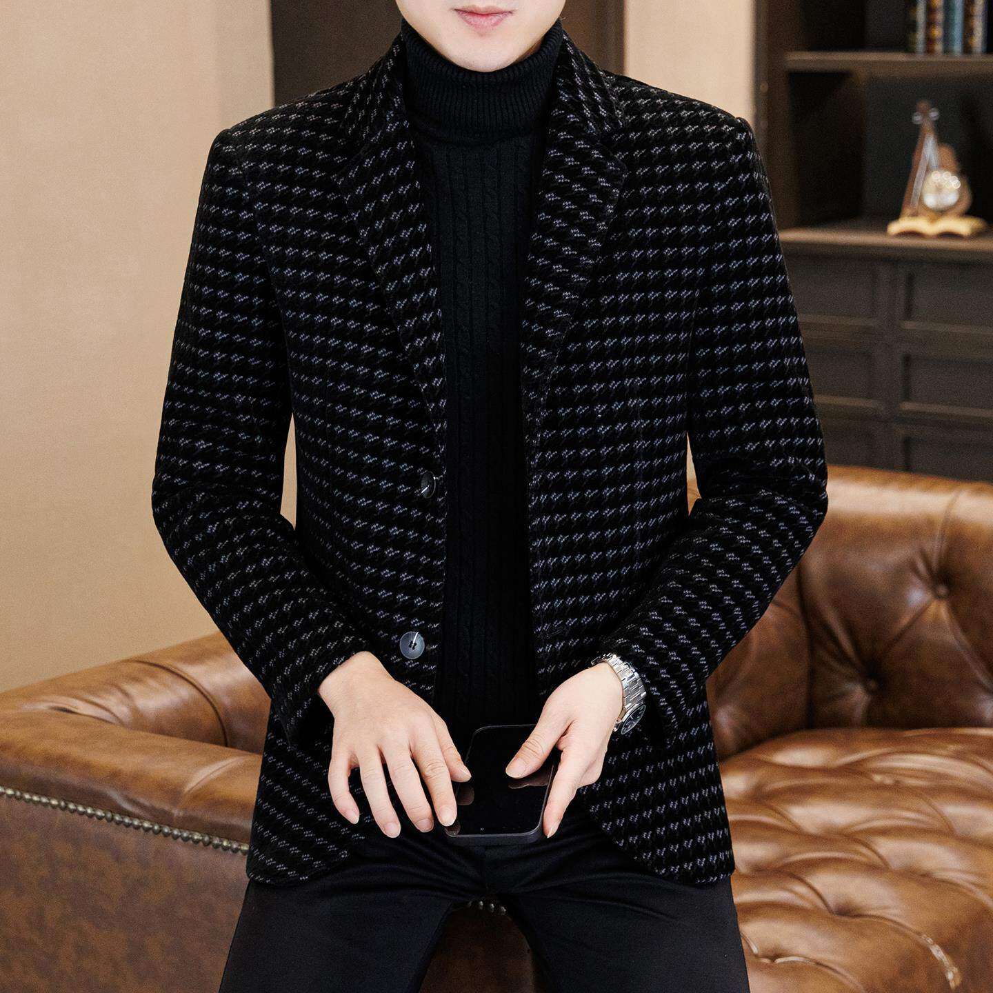 格子毛呢大衣男秋冬季加棉加厚韩版修身呢子夹克时尚痞帅西装外套