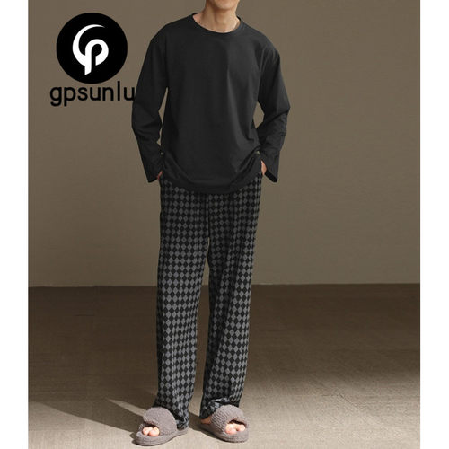 日本小众GP男士睡衣女春秋款纯棉长袖圆领格子裤可外穿冬天家居服