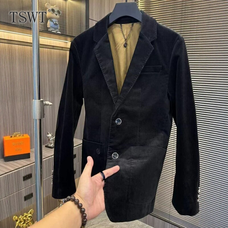 高端轻奢商务休闲西装上衣男士秋冬新款轻熟纯色条绒绣花修身外套