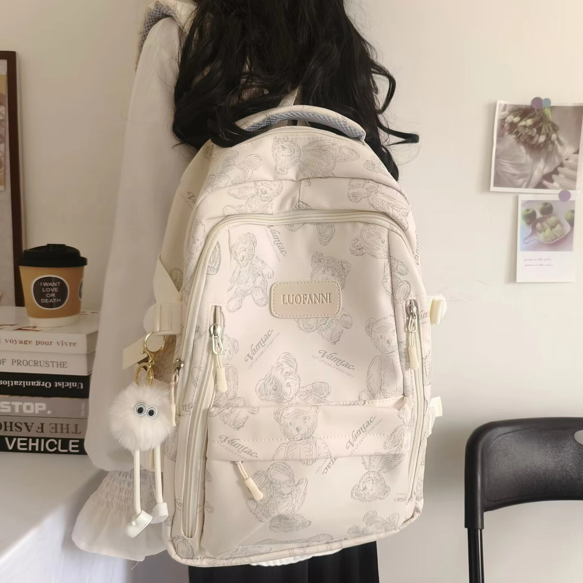日本GP书包女中学生2025新款护脊简约初中生女生小熊印花双肩包女