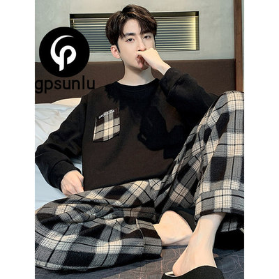 日本GP睡衣男士春秋冬季纯棉长袖韩版格子裤可外穿大码家居服套装
