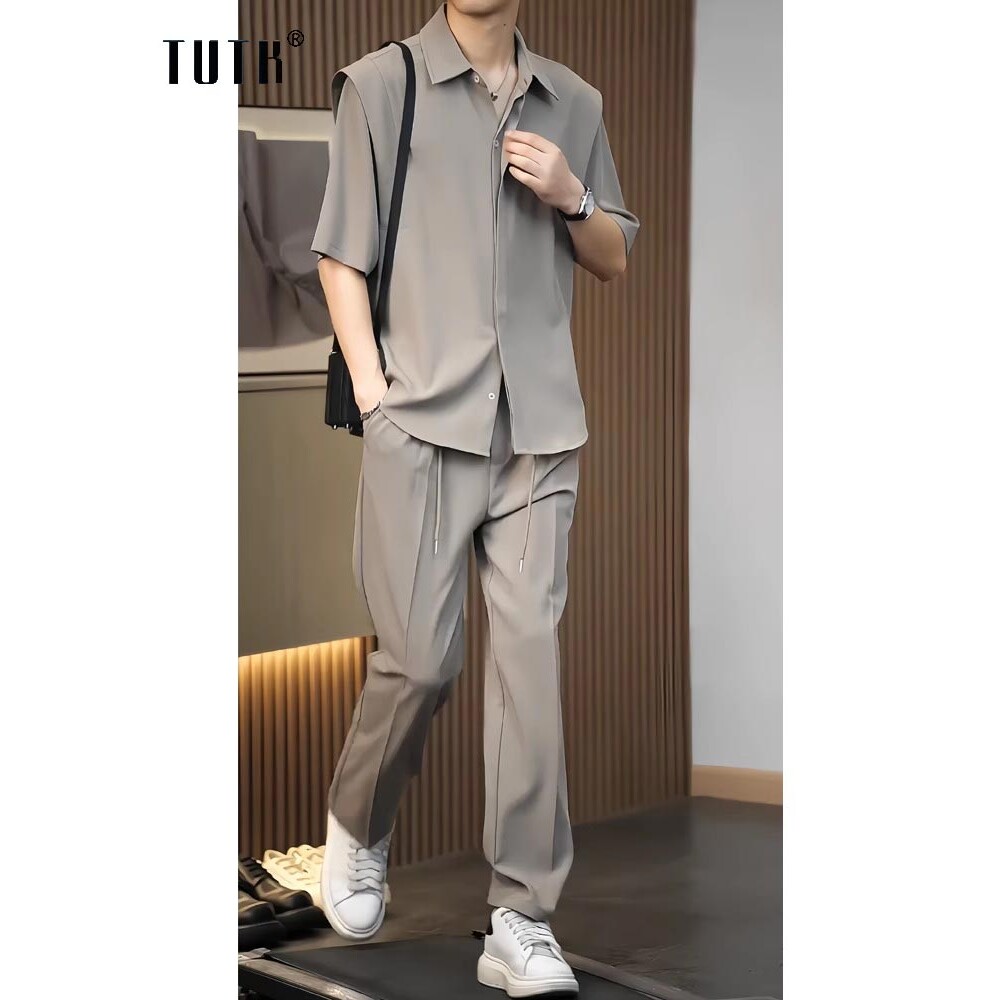 冰丝休闲套装男士夏季薄款时尚高级感痞帅翻领短袖衬衫男装两件套