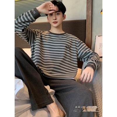 日本GP睡衣男士春秋季纯棉长袖青少年条纹休闲大码家居服套装冬天