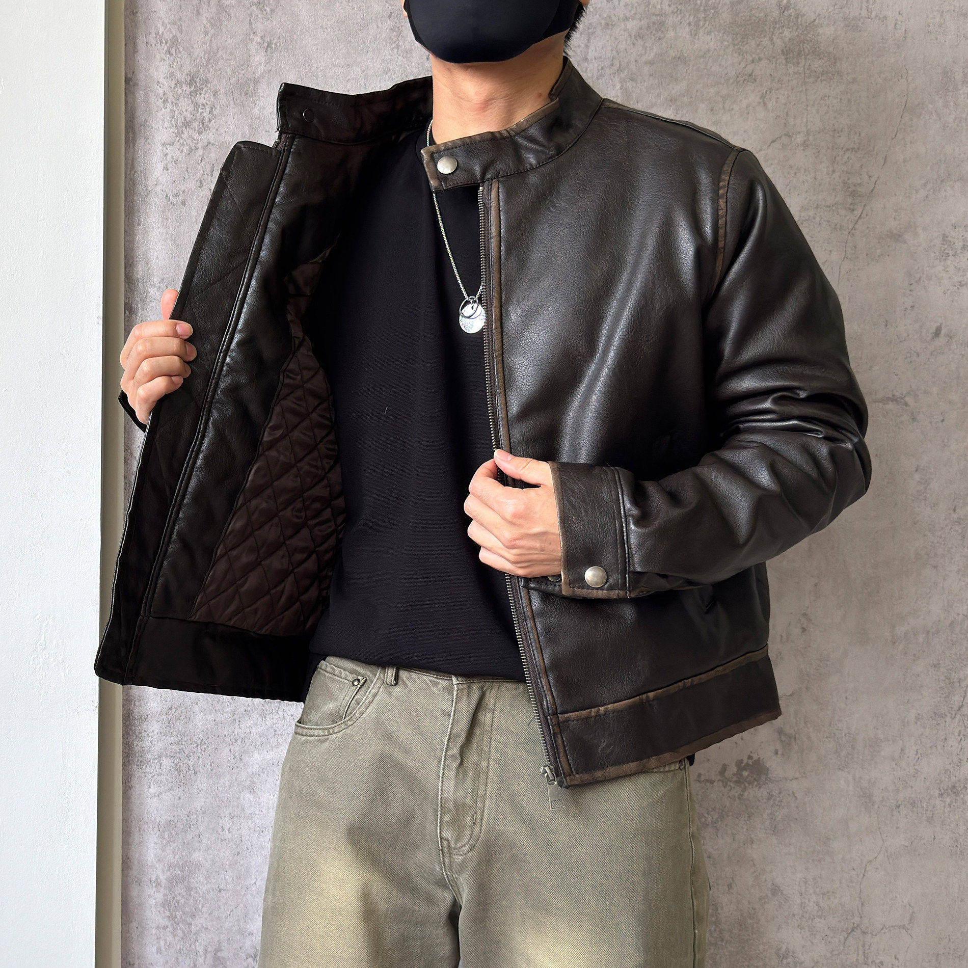 IT ins潮牌棉服皮衣男哈灵顿复古立领短款拉链夹棉外套机车皮夹克