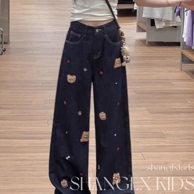 女童裤子加绒牛仔裤秋冬季2025新款大童女装初中生阔腿裤冬装加厚