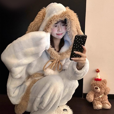 女童加绒睡衣秋冬款2025新款加厚可爱长耳朵儿童珊瑚绒家居服套装